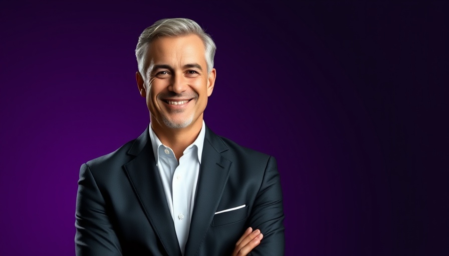 Smiling man in purple-text background for real estate outsourcing tips