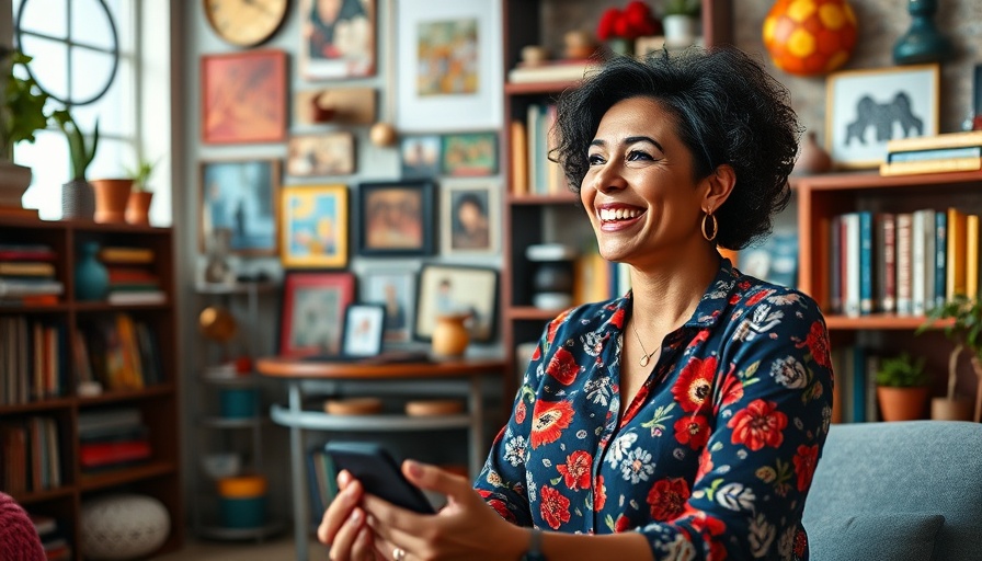Cheerful woman explaining social media strategies in a vibrant room.