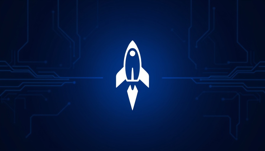 Rocket logo on a blue tech background, sleek design, branding focus.