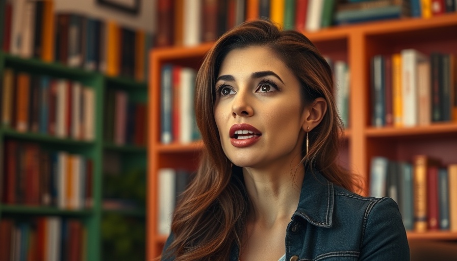 Confident woman speaking energetically in colorful room, enhancing social media visibility.