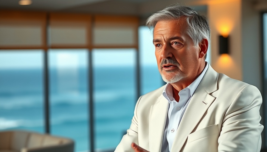 Middle-aged man discussing family travel tax tricks with ocean backdrop.