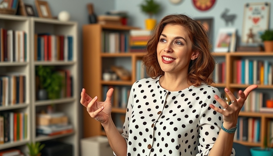 Woman sharing insights in a colorful office setting.