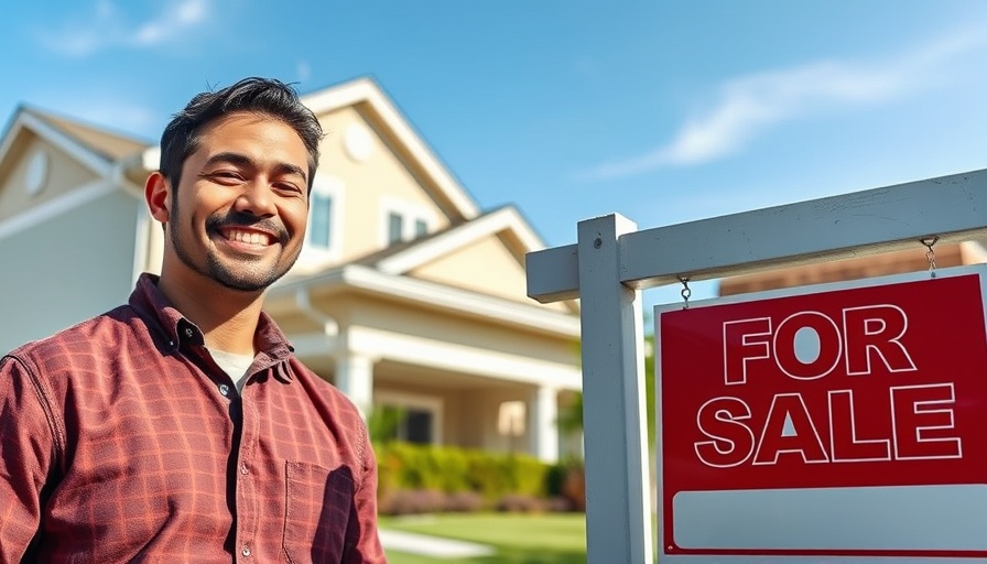Smiling man with 'For Sale' sign in suburban setting, discussing real estate.