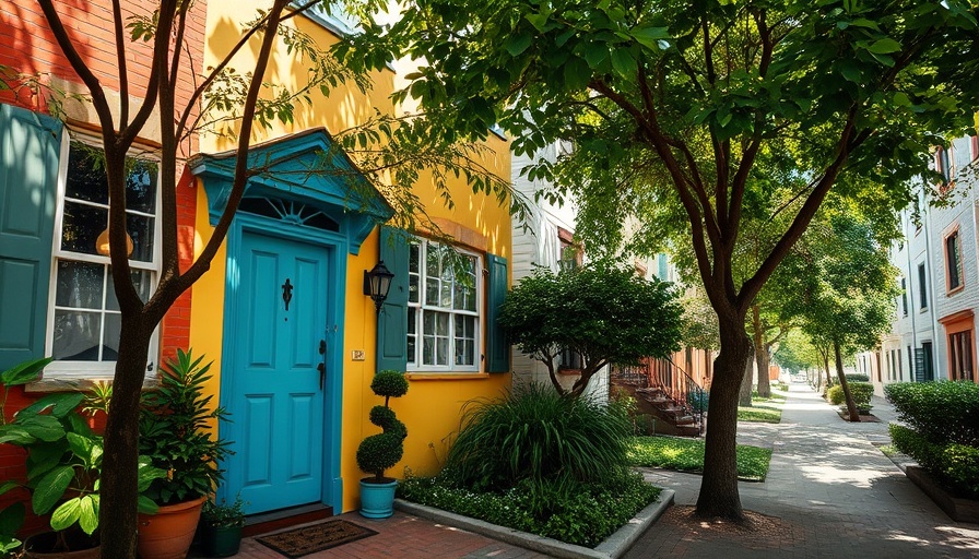 Charming vintage townhouse with colorful facade and lush garden, ideal for house hacking.