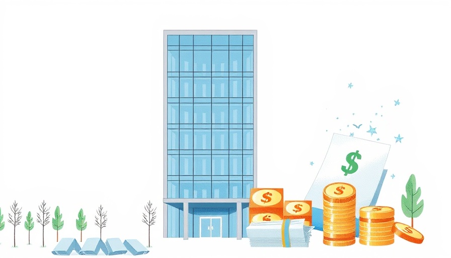 Artistic illustration of debt symbols and corporate building in mortgage market.