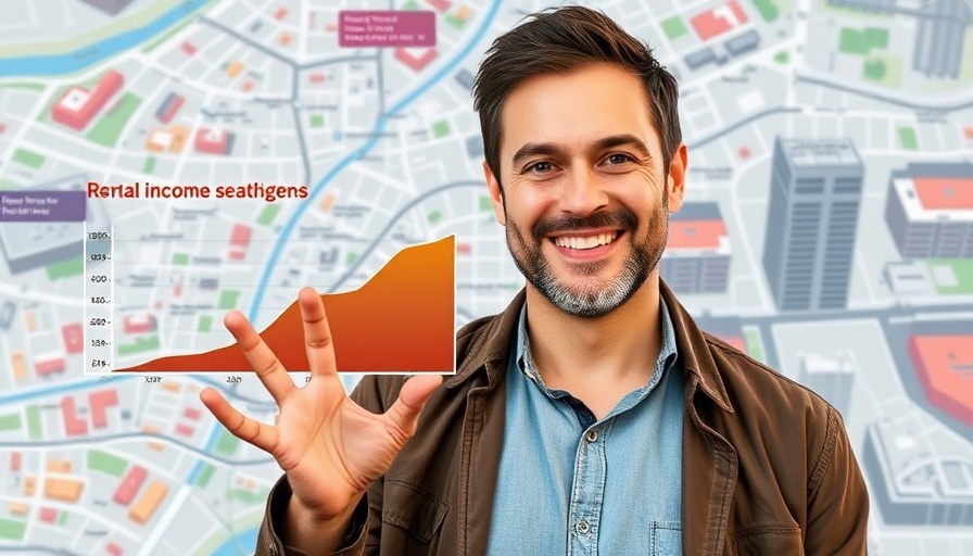 Passive Income from Rental Properties: Man with income graph over city map.