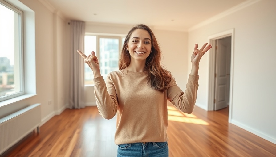Young woman showcasing empty NYC apartment with hardwood floors.