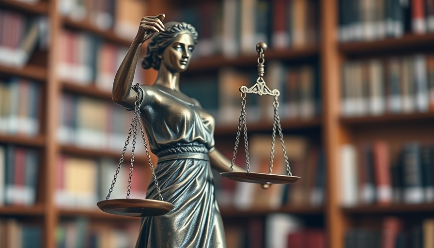 Elegant bronze lady justice statue in a law library background.