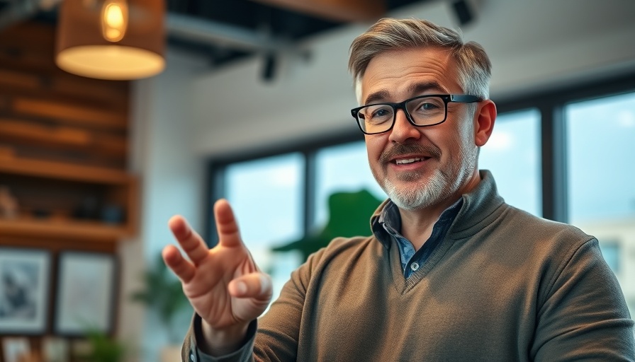 Confident man explaining startup mindset advice indoors.