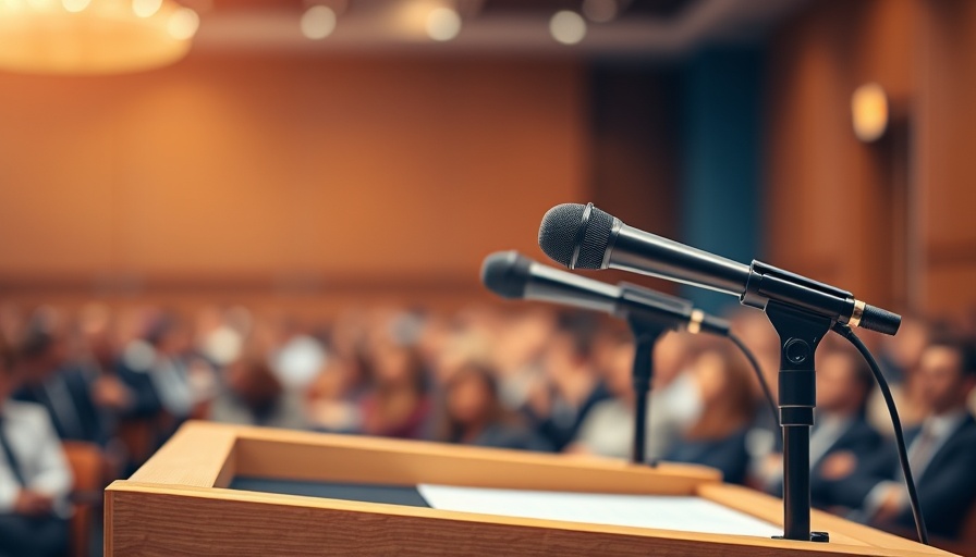 Podium with microphones at REMAX Broker Owner Conference, blurred audience.