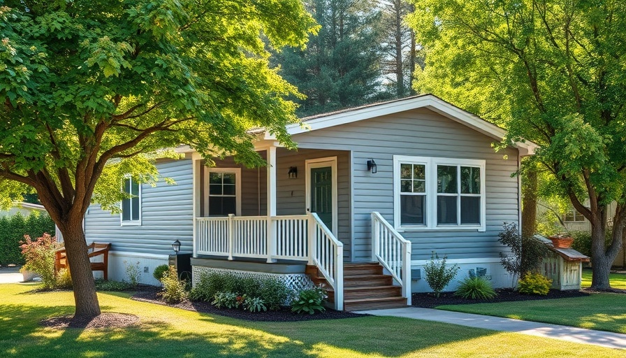 Charming gray manufactured home with white porch in woods, ideal for reverse mortgage.