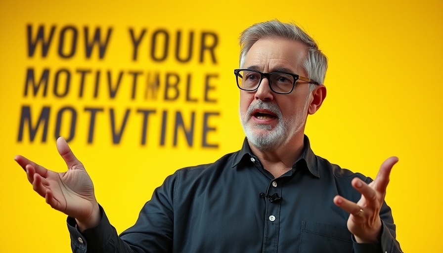 Motivational speaker gesturing with text overlay, real estate insights.