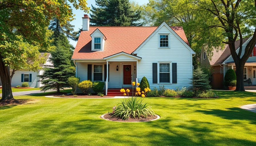 Charming white house with red roof and garden on a sunny day.