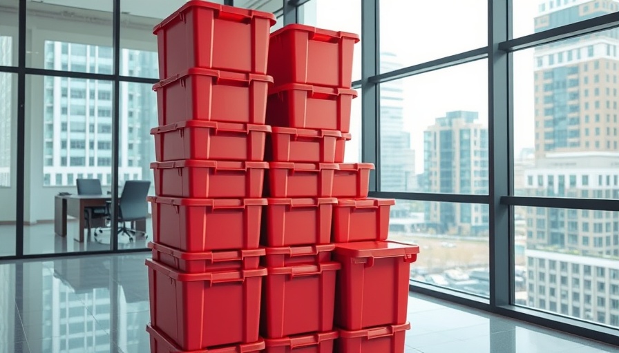 Green alternatives to cardboard boxes in NYC moving, with red plastic boxes.