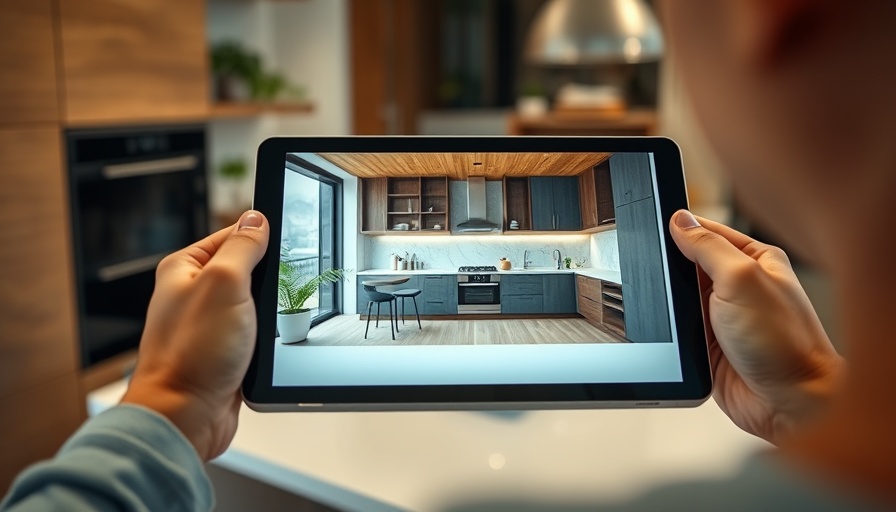 AI in real estate marketing using a tablet with kitchen image.