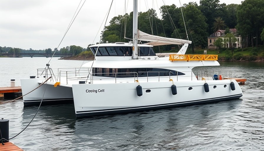Catamaran secured against a hurricane by cranes.