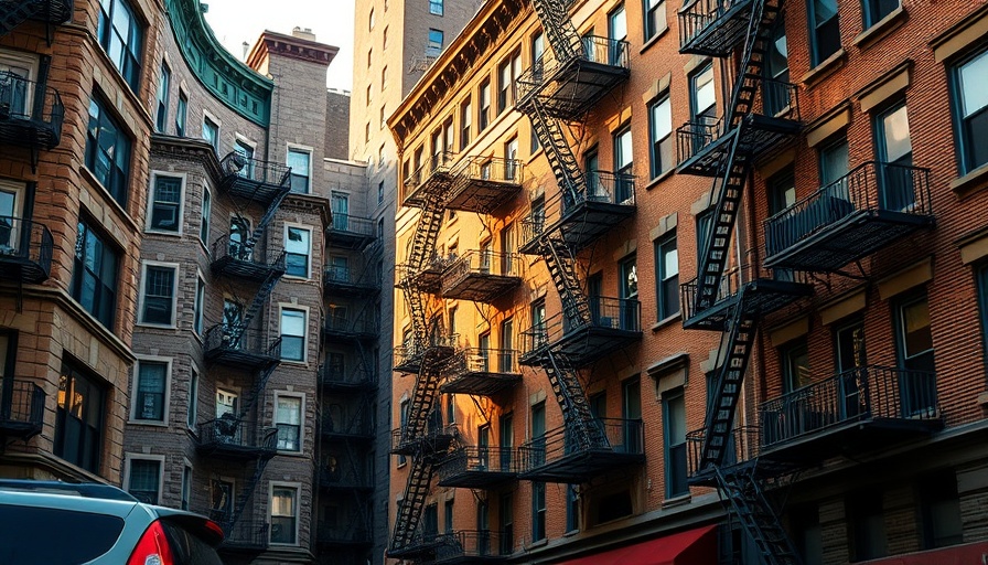 NYC rent-stabilized apartments with fire escapes in evening light.