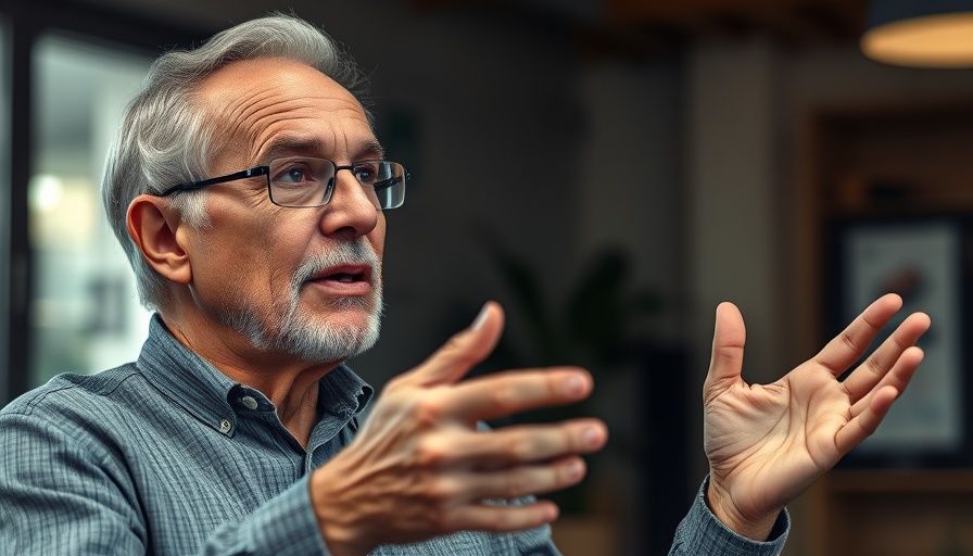 Older man explaining 4 business phases, photorealistic.