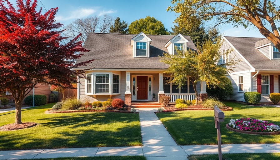 Charming suburban house under clear sky with green lawn.