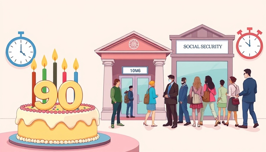 Illustration of Social Security future with birthday cake and line.