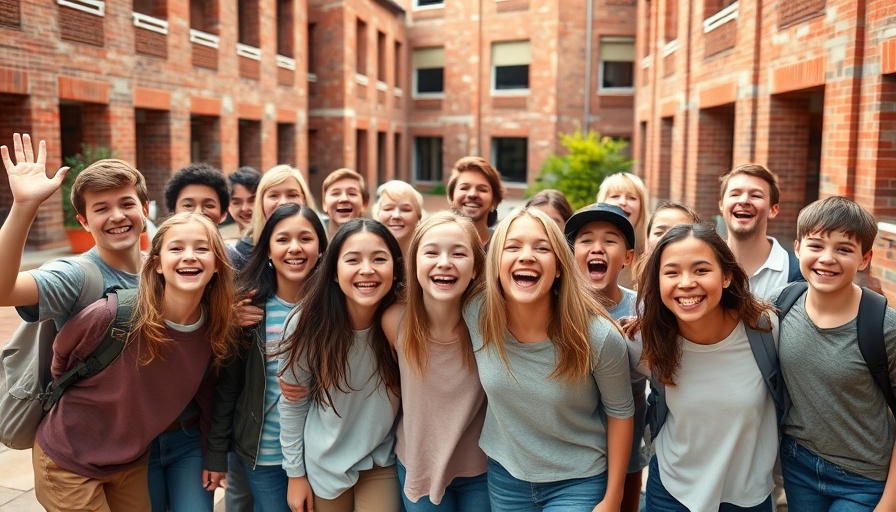 Group of smiling students at schoolyard, representing hope beyond slave trade atrocities.