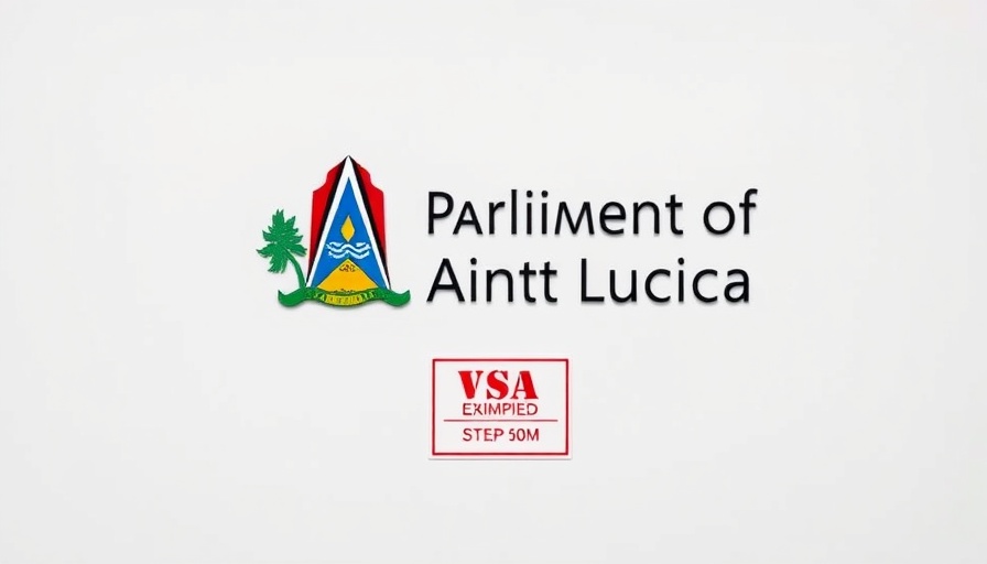 Sign with Saint Lucia Parliament emblem and visa exemption logo.