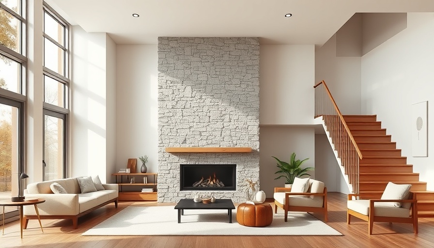 Modern living room with stone fireplace and staircase showing affordable home staging.