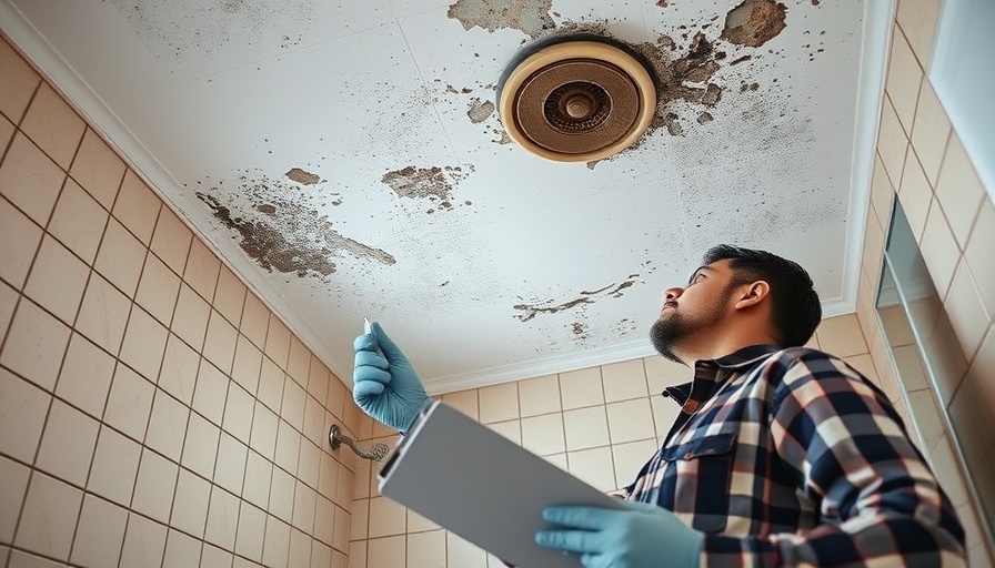 Inspector checks ceiling for mold in bright bathroom.