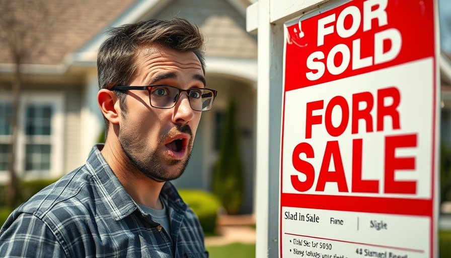 Home prices stagnate concept with shocked man and $400,000 For Sale sign.