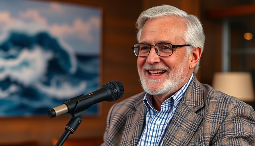 Friendly older man speaking into a microphone indoors.