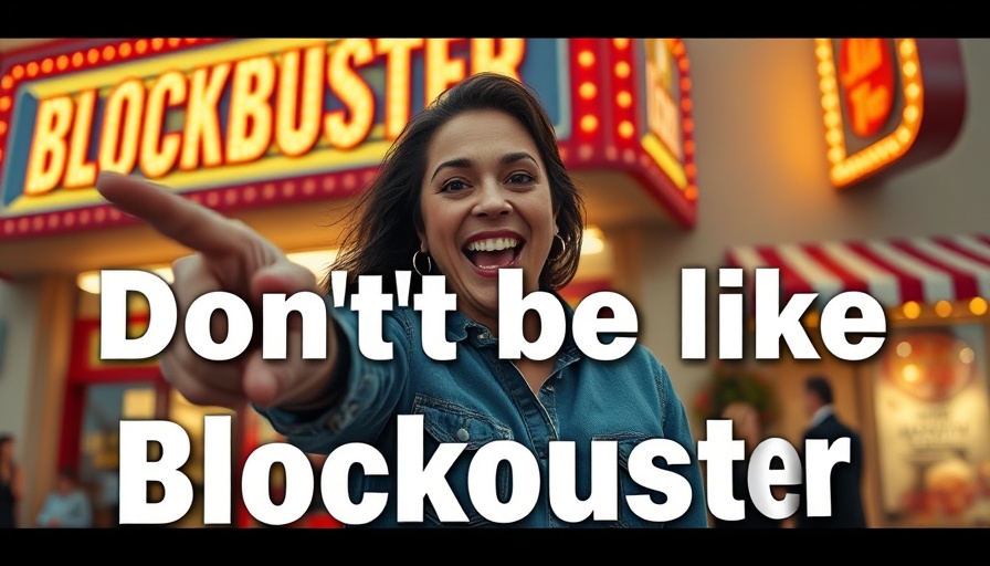 Woman pointing with 'Don't be like Blockbuster' sign, advice on how to keep growing on YouTube.