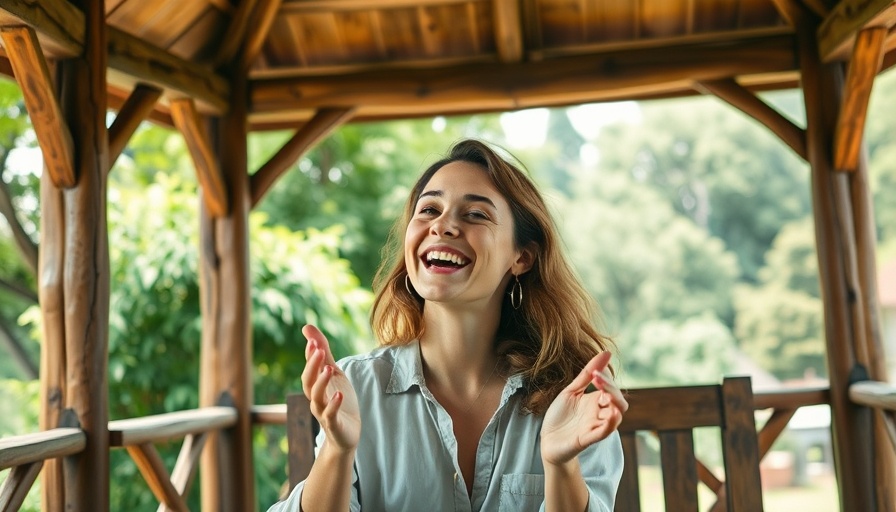 Smiling woman relaxing in gazebo, surrounded by nature, landlording without a system.