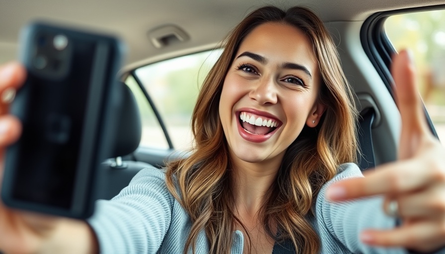 Smiling woman in a car, discussing 'Harnessing Social Media for Strategic Growth'.