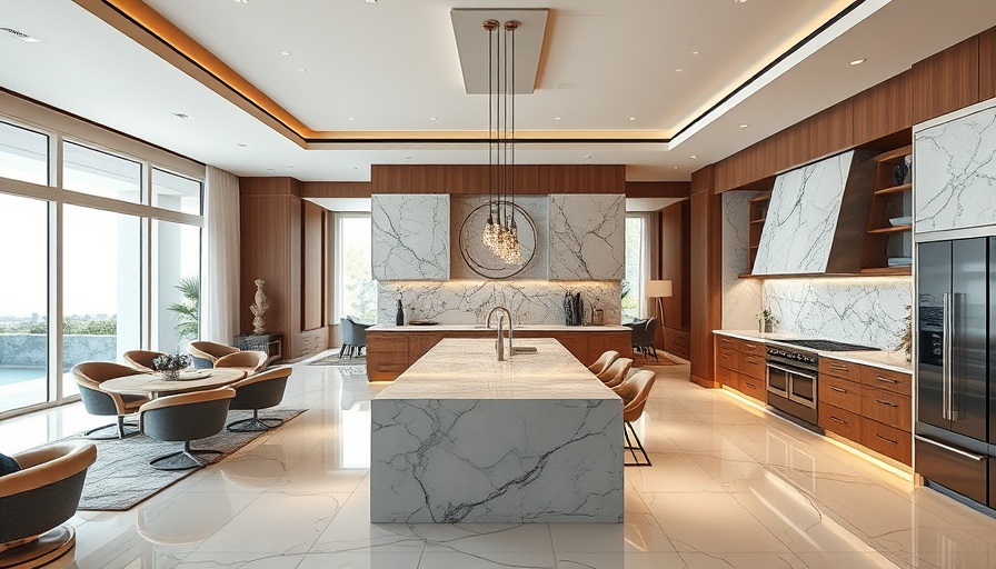 Luxury living Miami mansion kitchen with marble island and elegant decor.