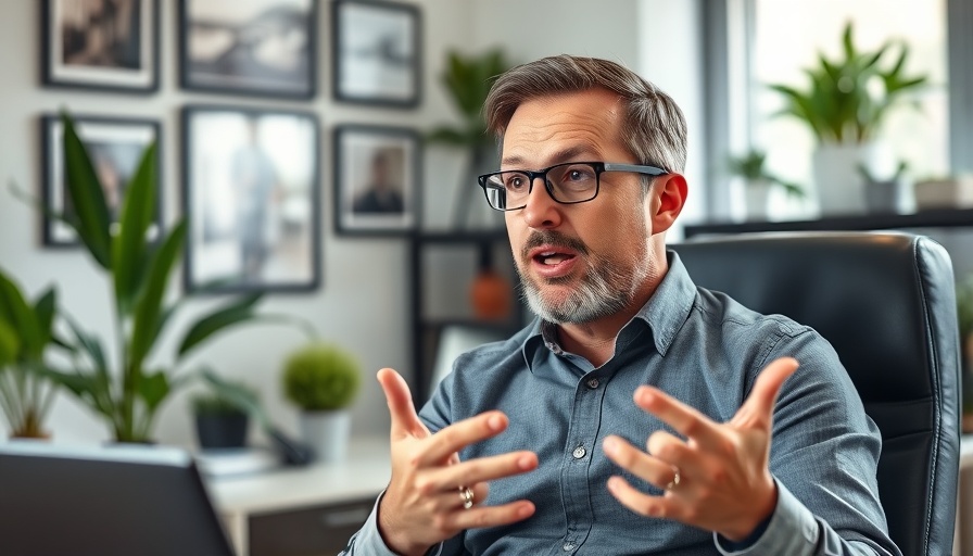 Man in suit in home office speaking animatedly about consumer debt vs. income.