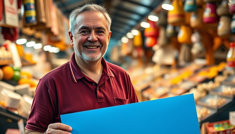 Smiling man at event holding a sign in marketplace with natural lighting.