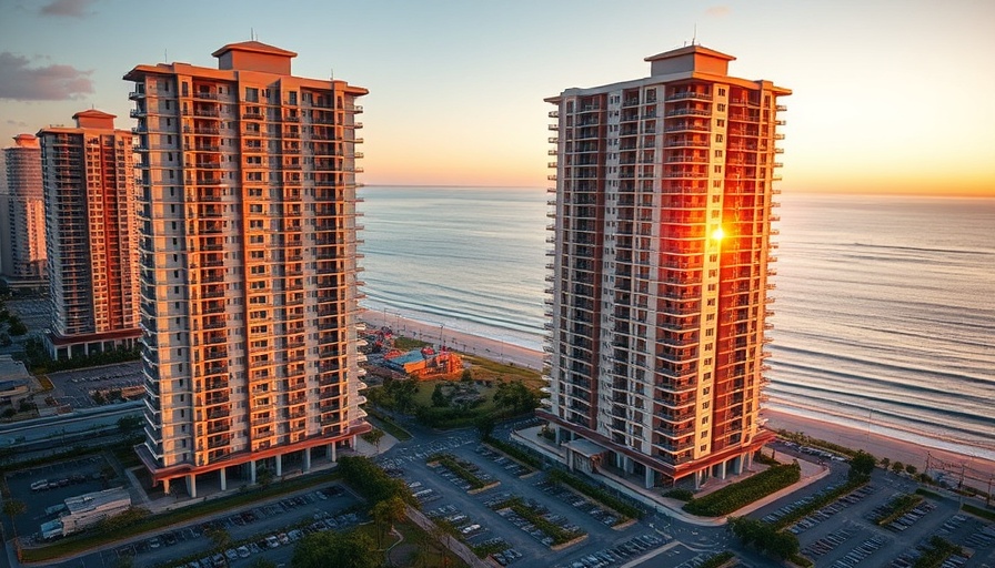 Sunset view of West Brighton housing lottery buildings by ocean.