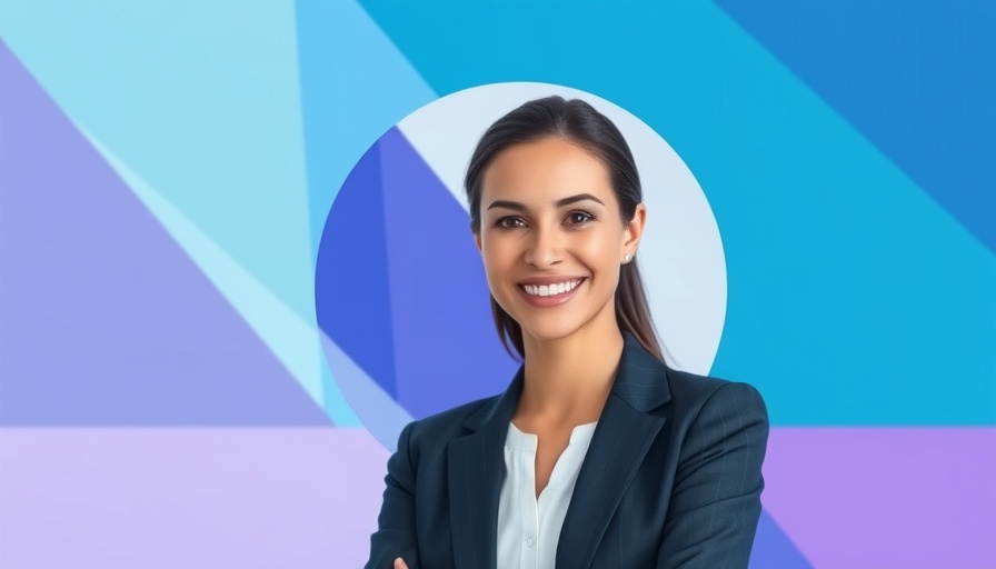 Professional woman smiling, abstract background, nurturing agent growth in real estate.
