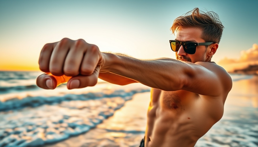 Energetic man in AI-directed music video on a beach.
