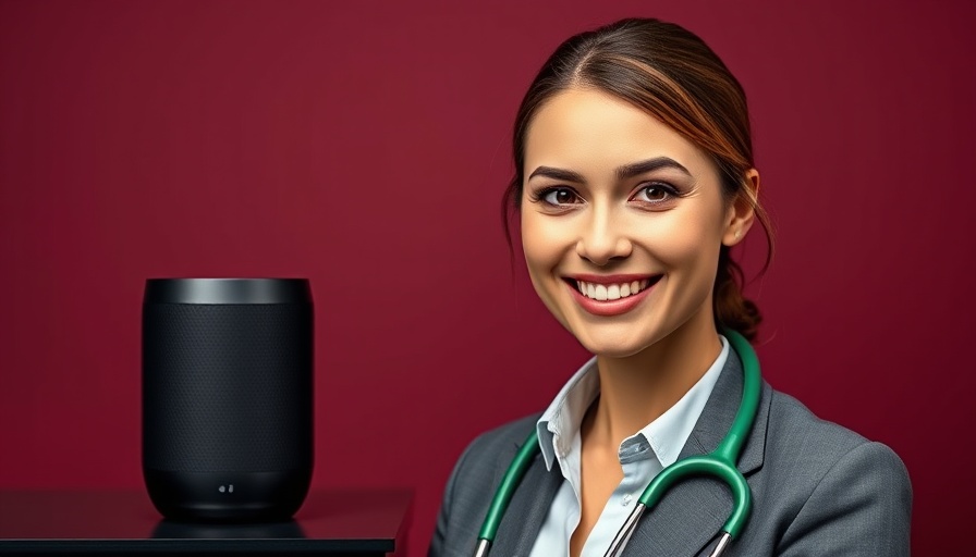 Business woman, stethoscope, and smart speaker representing smart home technology for seniors on maroon background.