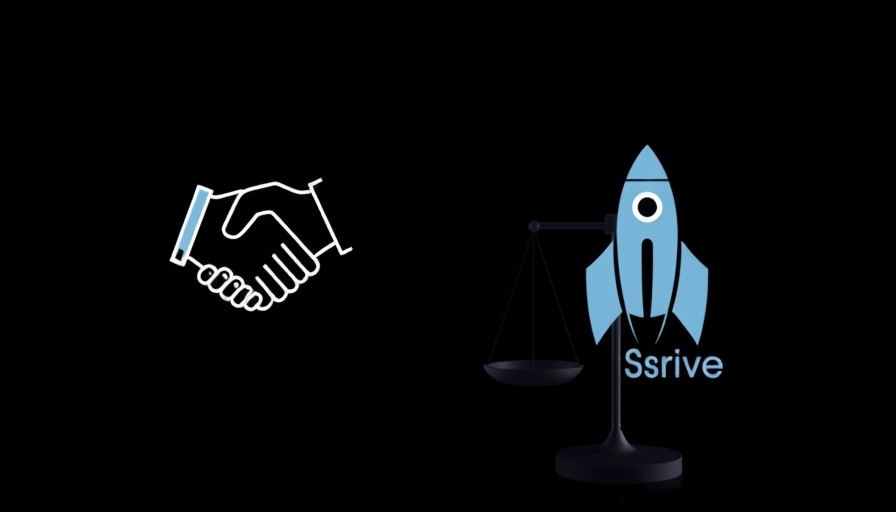 Rocket logo with business icons and individual on dark background.