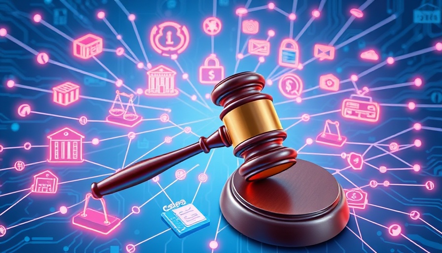 Intricate fintech and legal network with gavel in expanded FinCEN compliance platform design.