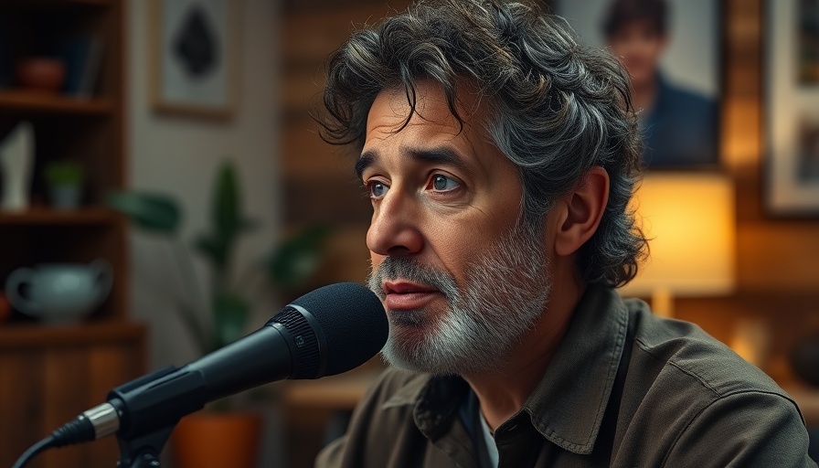 Mature man recording in a professional podcast studio.