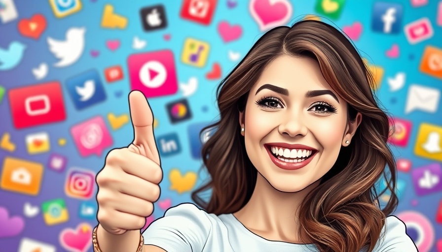 Cheerful woman with social media icons in 2025, cartoon style.