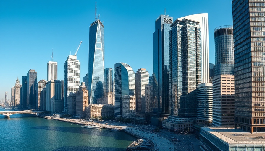 Majestic urban skyline by the waterfront reflecting bidding dynamics.