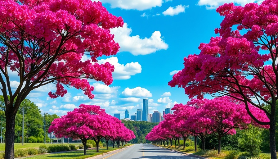 Raleigh city skyline with pink crepe myrtles and road, highlighting new home listings.