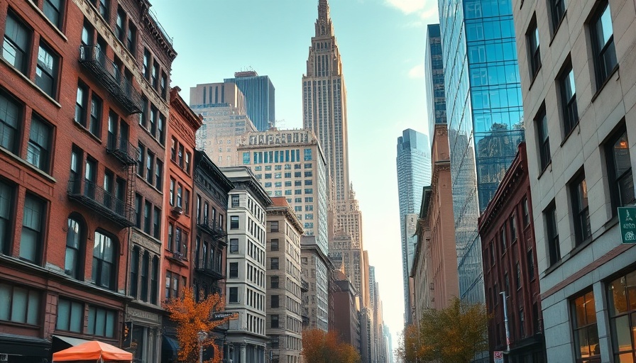 Older NYC properties with fire escapes alongside modern skyscrapers.