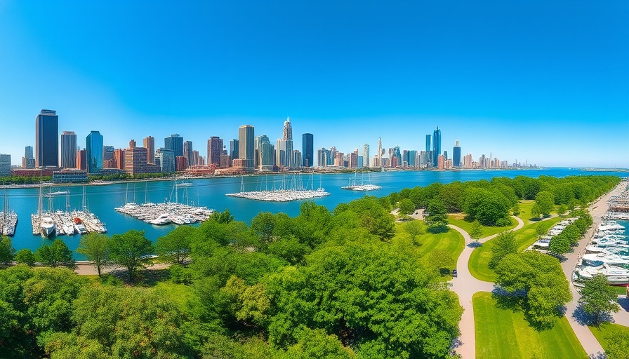 Panoramic view of Detroit skyline and marina representing housing market.