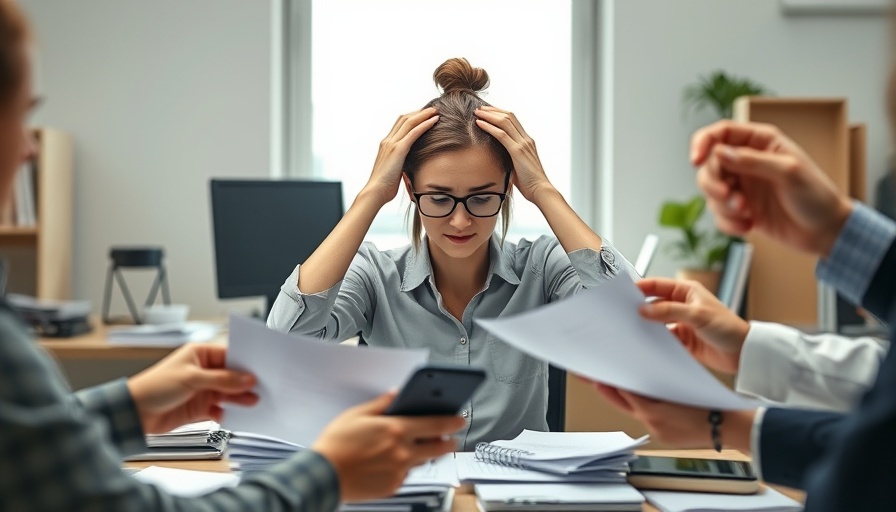 Stressed woman feeling overwhelmed at cluttered workspace.