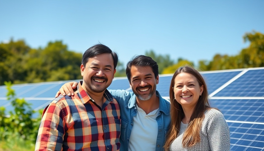 Happy family embracing financial freedom, standing by solar panels.